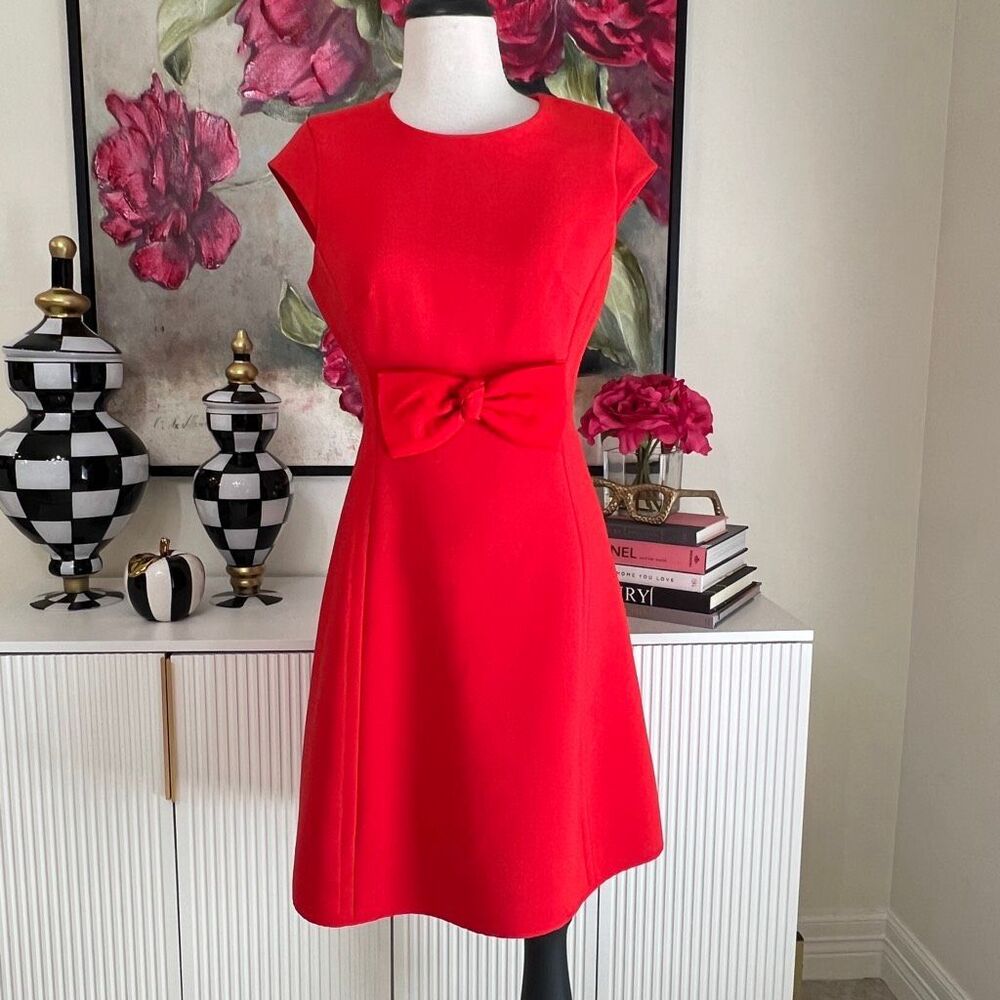 Kate Spade New York Women's Bow Waist Cap Sleeves Sheath Mini Dress Red Size 4
